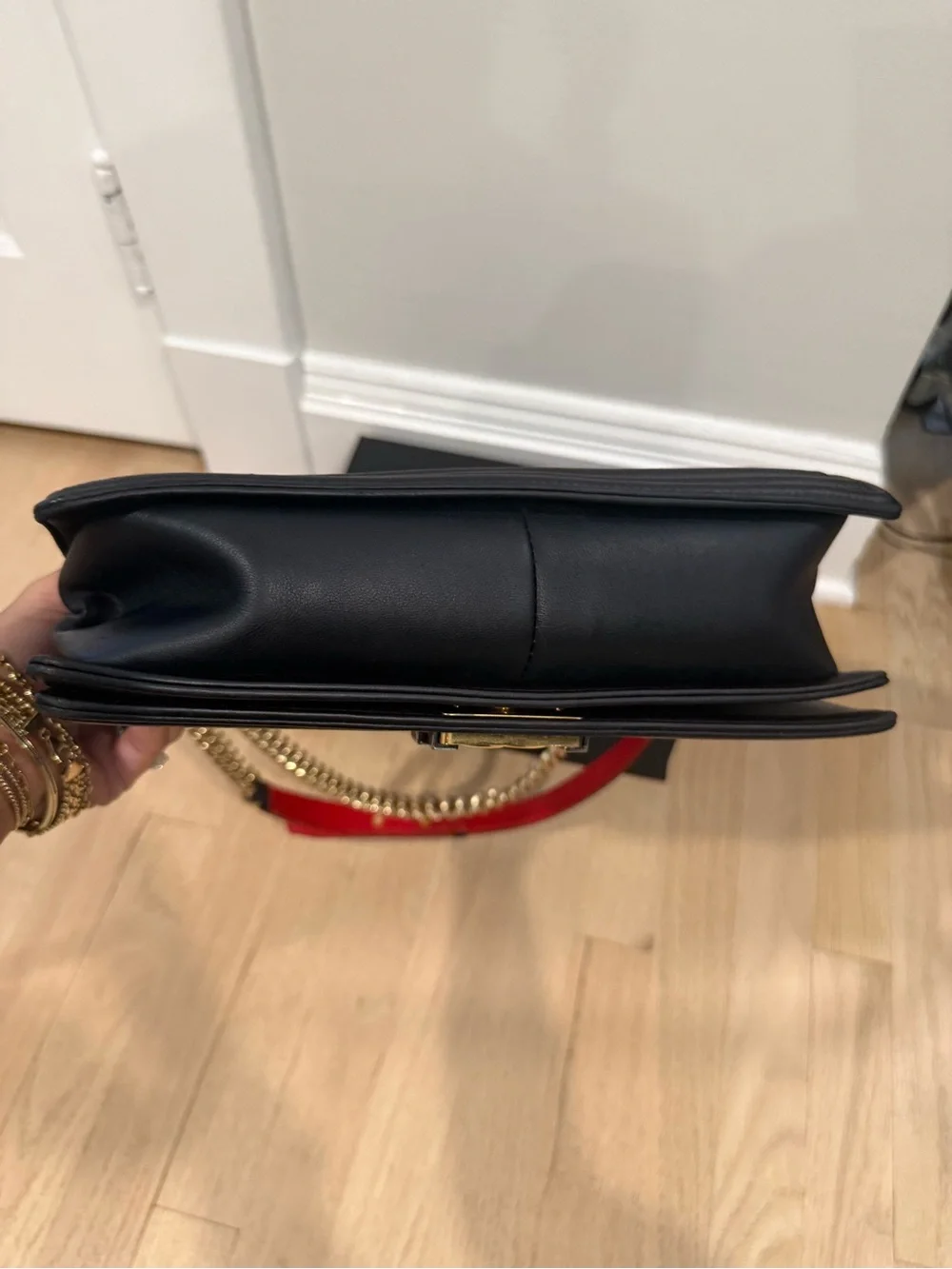Authentic Chanel Navy Quilted Medium Boy Bag with Red & Gold Accent